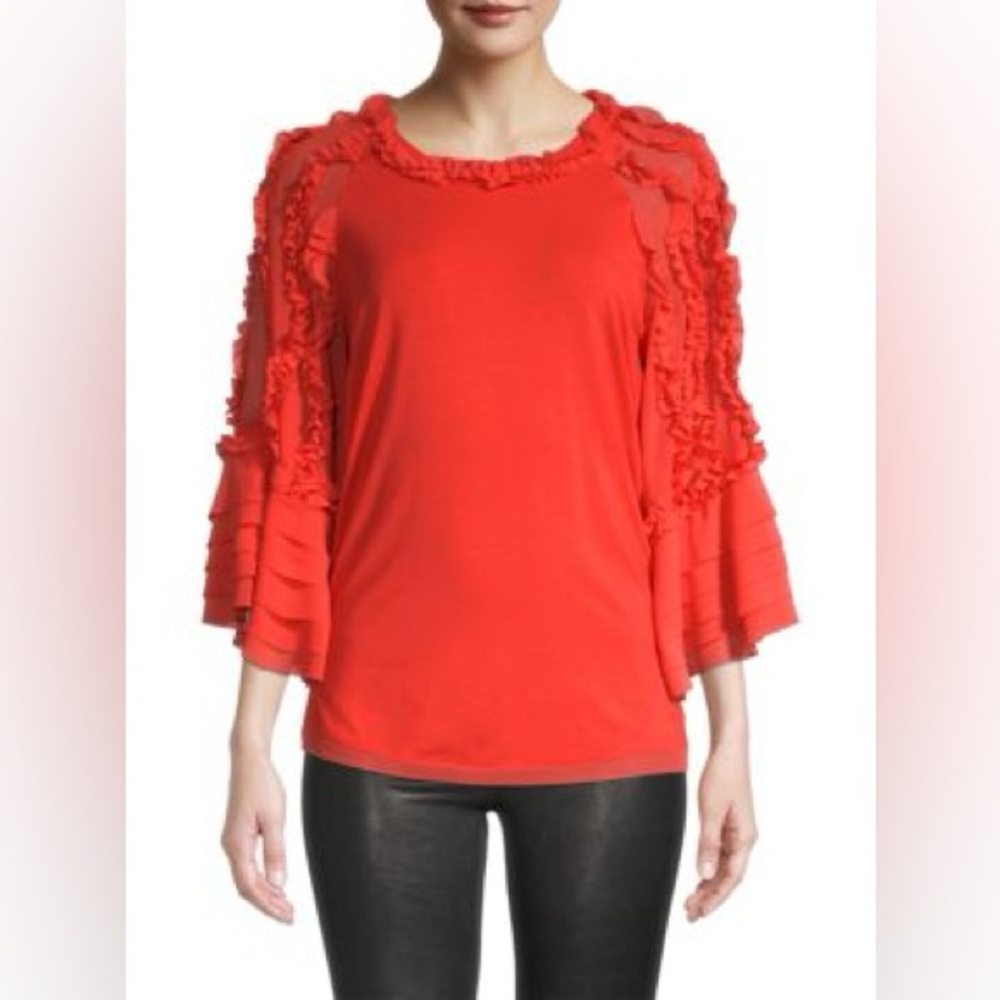 NWT Kobi Halperin Aliza Ruffle Top. Bright Orange/Red. Size Large.